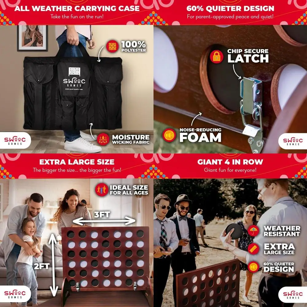 

All-Weather Giant Four in a Row Game with Carrying Case - Quieter Design for Outdoor Family Fun