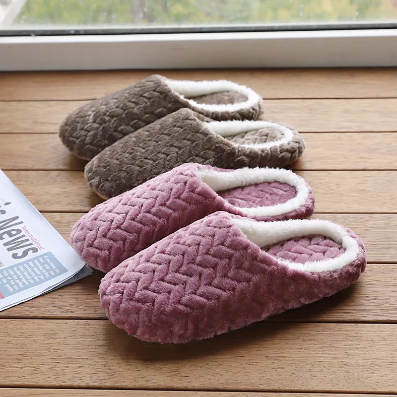 Autumn Winter Women Home Warm Slippers Men Bedroom Plush Soft Silent Slides Adults Couple Indoor Fashion Solid Color Flat Shoes