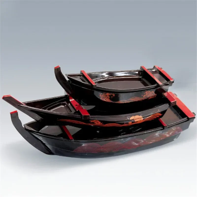 Black red sushi sashimi boat ice food seafood plate salmon sashimi tray Creative Japanese food container sushi barrel decor boat