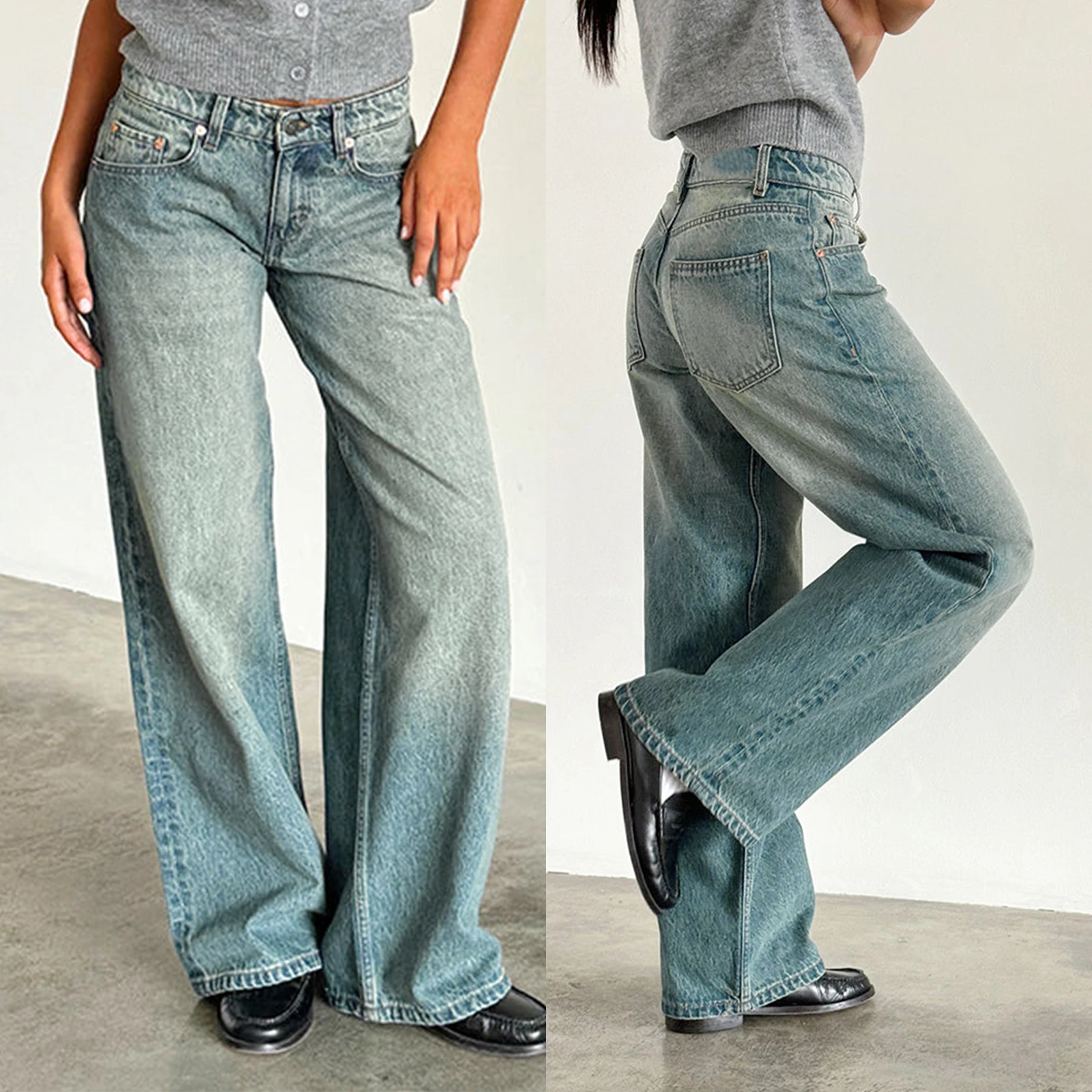 Damen-Jeans, niedrige Taille, Reißverschluss, Knopfleiste, einfarbig, mit Taschen für die tägliche Streetwear