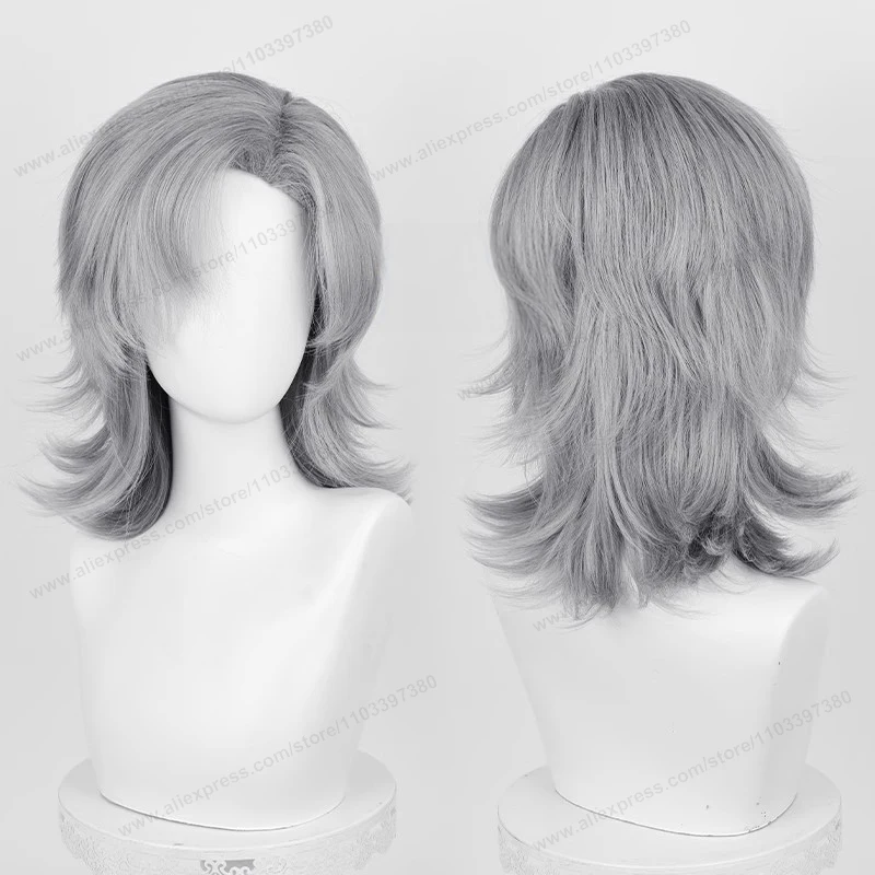Peluca de pelo sintético de base media de 44cm para Cosplay, pelo negro, blanco, rojo, plateado, rosa, azul, pelos resis