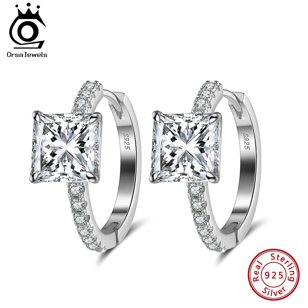 

ORSA JEWELS Soild 8A Clear Cubic Zirconia Hoop Earrings 925 Silver Shiny Diamond Square Earrings Wedding Bridal Jewelry LZE40