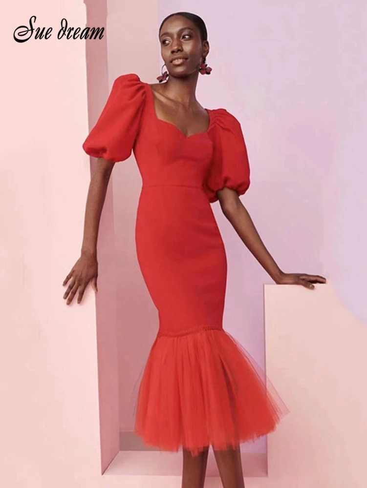 Robe de soirée à manches bouffantes pour femmes, tenue de soirée rouge, Sexy, moulante, col en V, mi-longue, style sirène, élégante, été, 2023