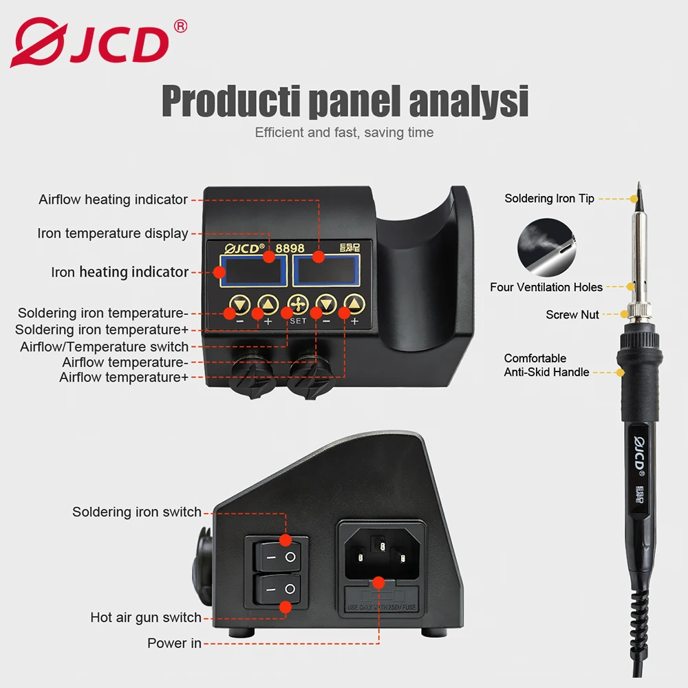 JCD 2 in 1 750W 납땜 스테이션, LCD 디지털 디스플레이 재작업 용접 스테이션, 휴대폰 BGA SMD IC 수리 납땜 도구 8898