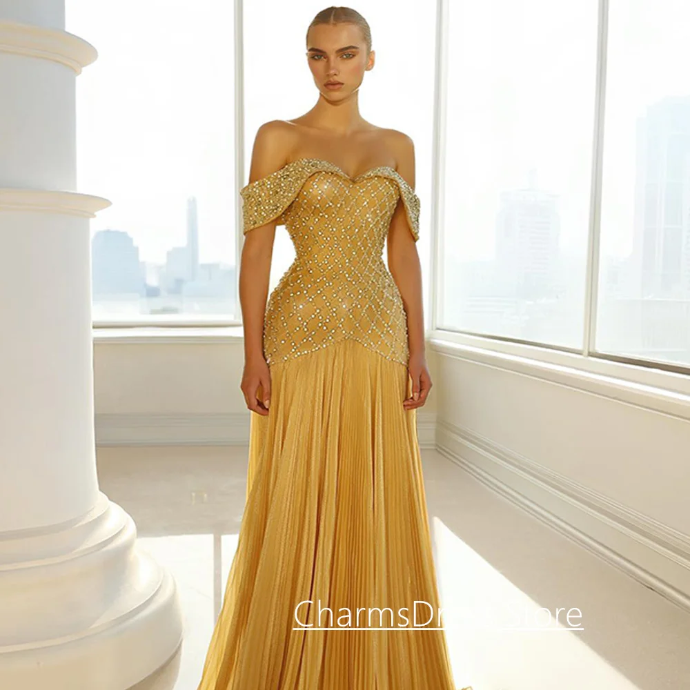 Robe de soirée sirène avec pierres de luxe, personnalisée, épaules dénudées, jupe plissée, traîne de balayage, robe de soirée de concours arabe, robes de bal