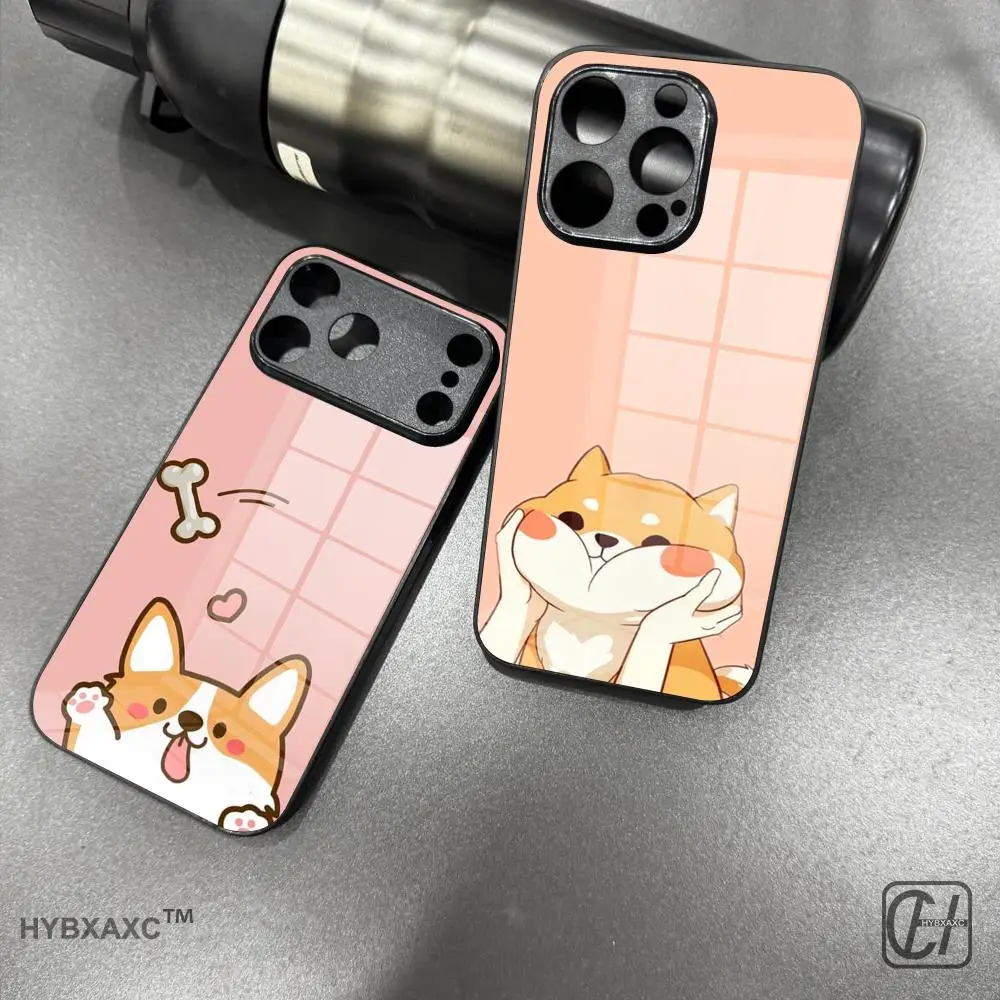 Cute Corgi cartoon Dog Phone Case Tempered Glass Shell FOR IPhone 16Pro MAX 14 12 17Pro Air 15 16 Plus 13 Pro MAX Cover