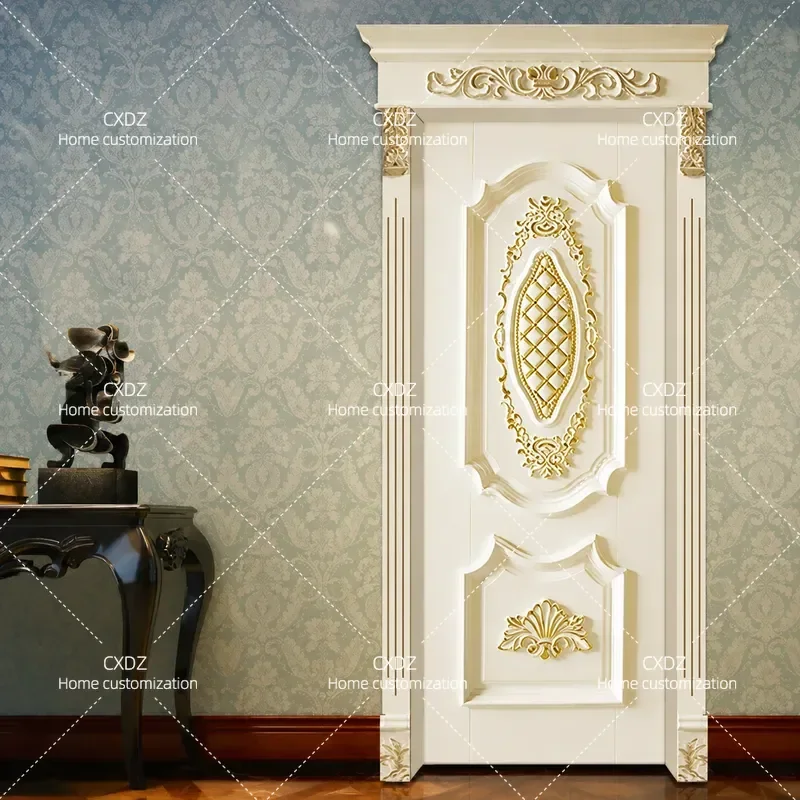 White Luxury European Style Solid Wood Multi Layer Painted Gold Silver Indoor Flat Opening Carved Wooden Door Set