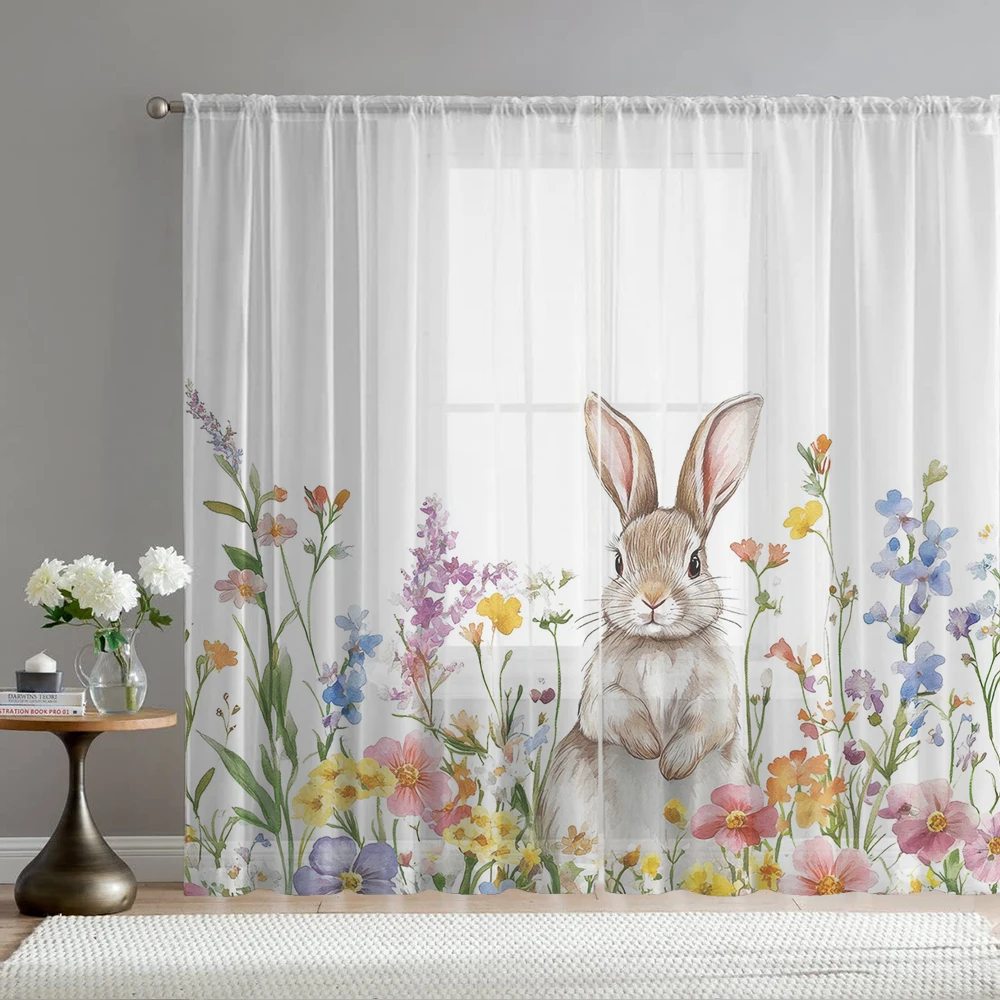 2Pcs Rabbit And Colorful Floral Print Home Decoration Window Screens, Suitable For Cafes, Restaurants, Bedrooms