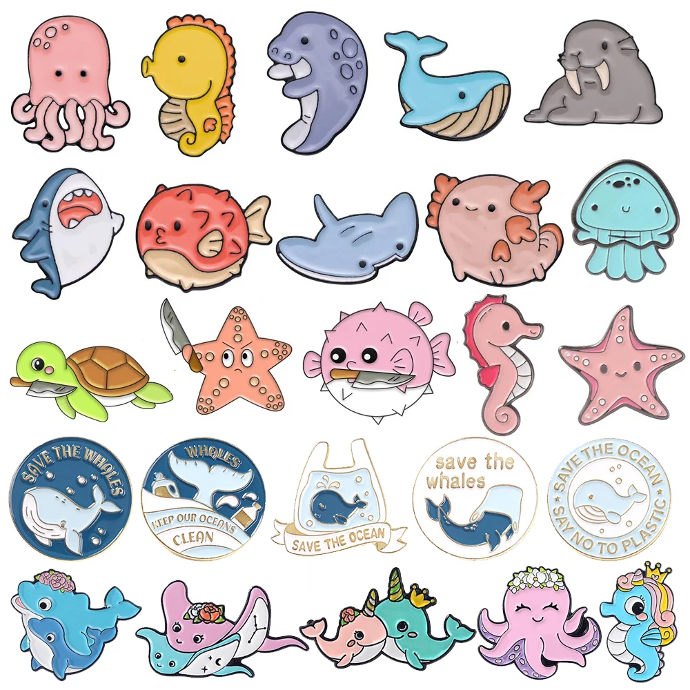 

Cute Sea Animal Brooch Octopus Seahorse Whale Dagger Shark Puffer Fish Jellyfish Turtle Metal Badge Punk Lapel Pins Jewelry Gift