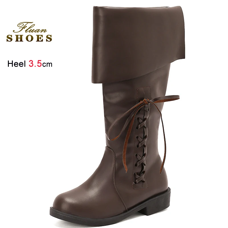 2025 خريف شتاء أسود المرأة أضعاف حذاء برقبة للركبة جولة تو الجانب الدانتيل يصل القوس رقيقة الكعوب 3.5 سنتيمتر تحول أكثر من حافة مدخنة الأحذية