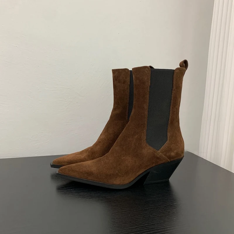 

Retro Versatile Block-Heeled Pointed-Toe Mid-Calf Boots Suede Leather Chelsea Botines Elastic Slip-On Mule Ankle Botas Femininas