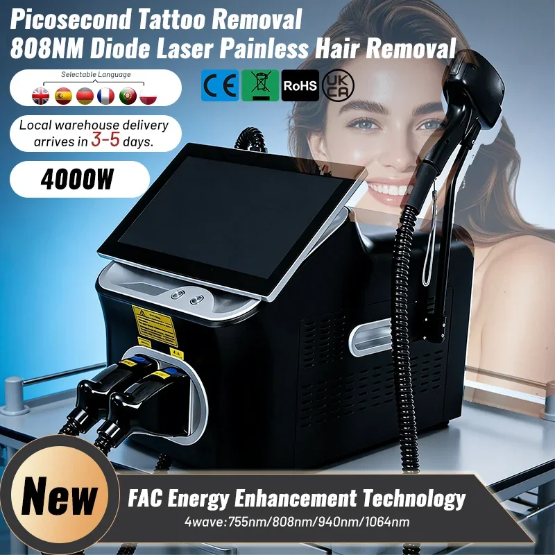 2 in 1 Diode Laser Epilator Hair Removal Picosecond Laser Tattoo Spot Removal Machine Stable Energy for Salon Beauty