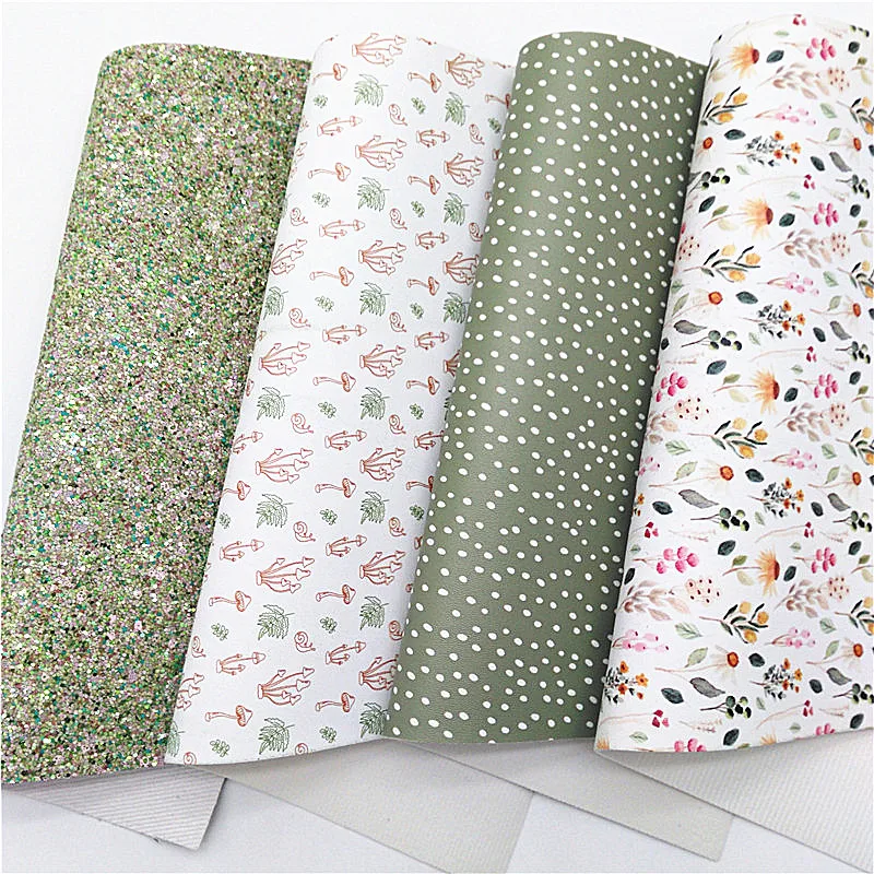 Autumn Glitter Leather Flowers Dots Custom Synthetic Leather Fabric Sheets Felt Backing Faux Leather For Bow DIY 21x29CM Q1465