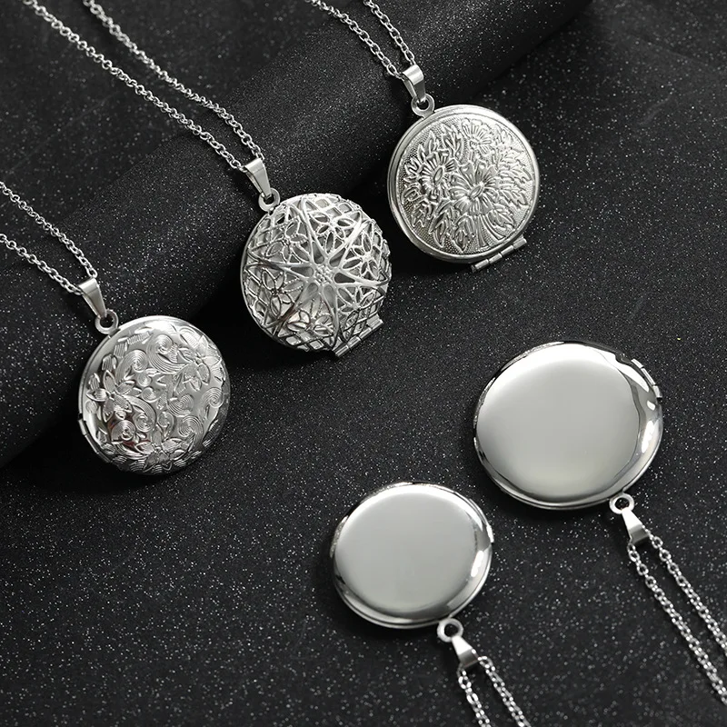 Round Flower Carved Photo Frame Locket Pendant Necklace Stainless Steel Men Women Mirror Polish Openable Memorial Chain Jewelry