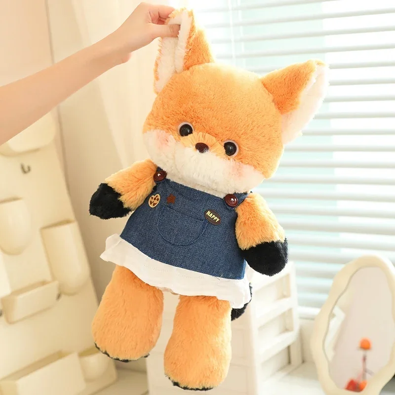 

Lovely Dreamy Cartoon Fox Wolf Plush Toys Fluffy Comfy Huggable Fox Wolf Doll Wearing Jeans Denim Skirt Perfect Gift To Children