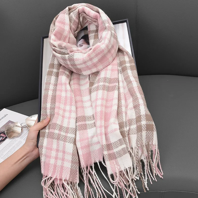 2024 Scarf For Women Pink Printed Tassel Scarf  Winter Neck Shawl