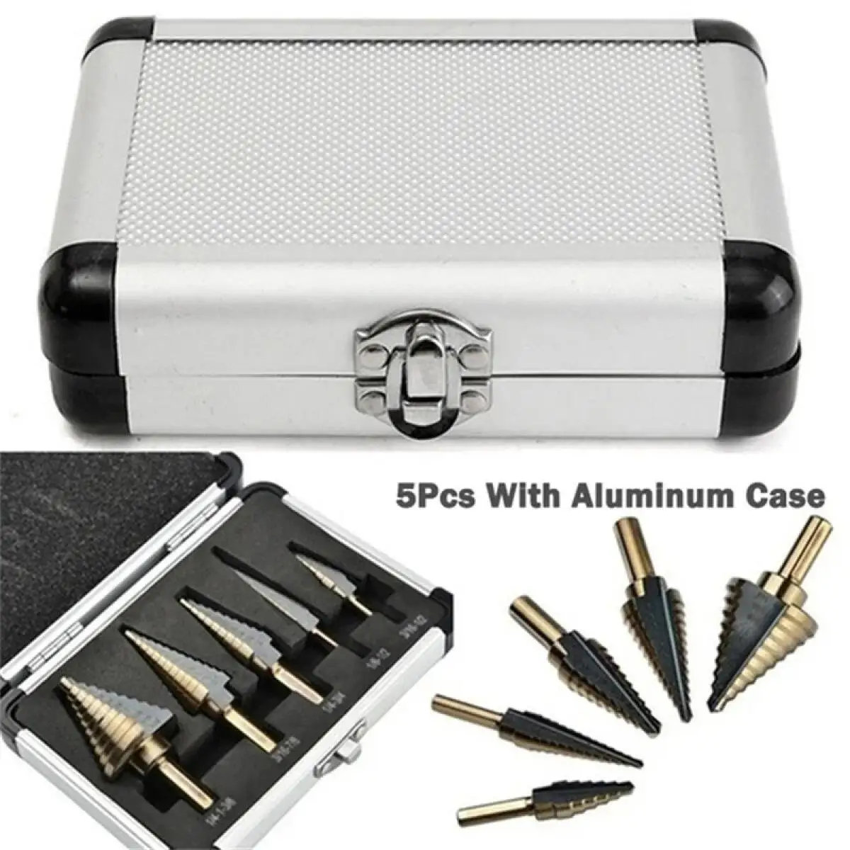 5pcs  Cobalt Step Drill Bit SetHSS Multiple 50 Sizes Titanium Coated Conical Hole Cutter Punch Tool for Stainless Steel Iron Sheet Metal Wood Drilling Hardware with Aluminum Case view 5