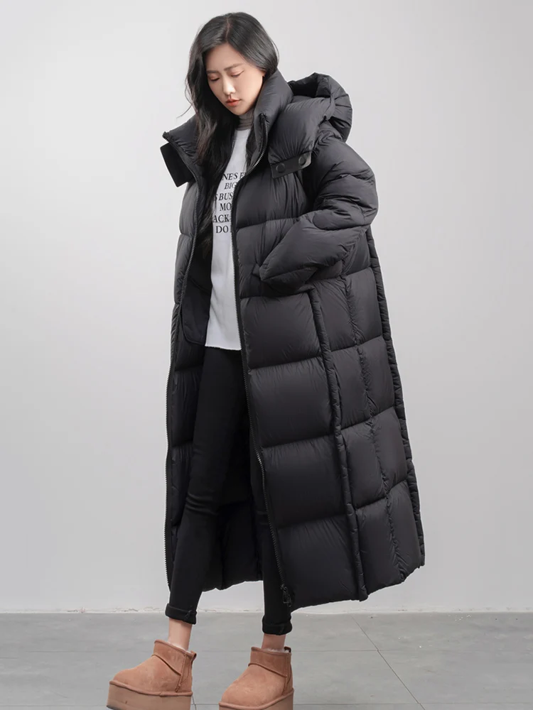 Winter 90 White Duck Down Long Hooded Down Jacket for Women Maillard -15° Thick Warm High-quality Solid Knee Length Down Jacket