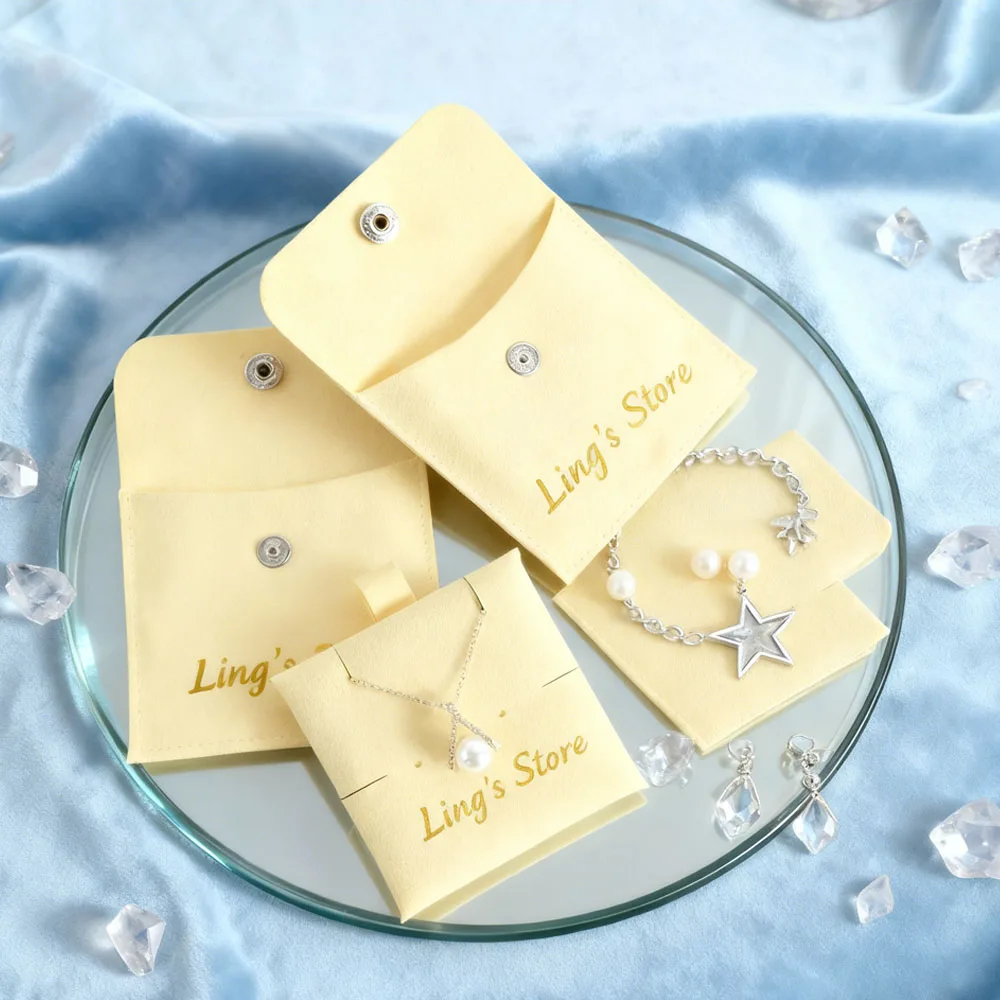 

Custom Yellow Jewellery Pouch Button Snap Microfiber Jewelry Packaging Gift Bags Earring Necklace Organizer With Insert Pad Card