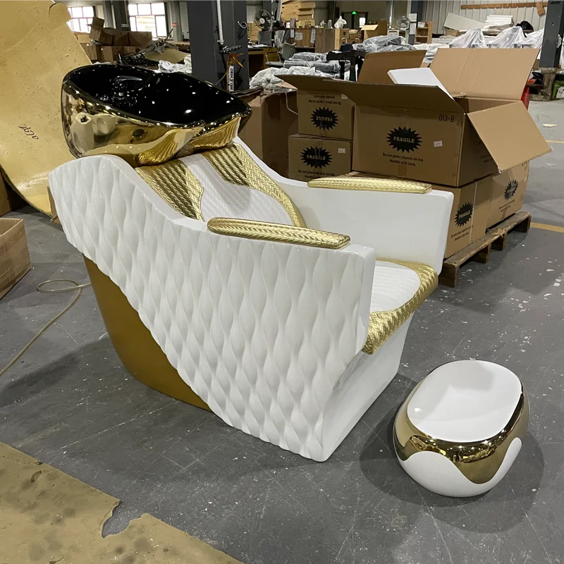 Vendita all'ingrosso di capelli rosa bianco oro salone controlavaggio unità shampoo ciotola e sedie De Fibra De Vidrio Tan per salone