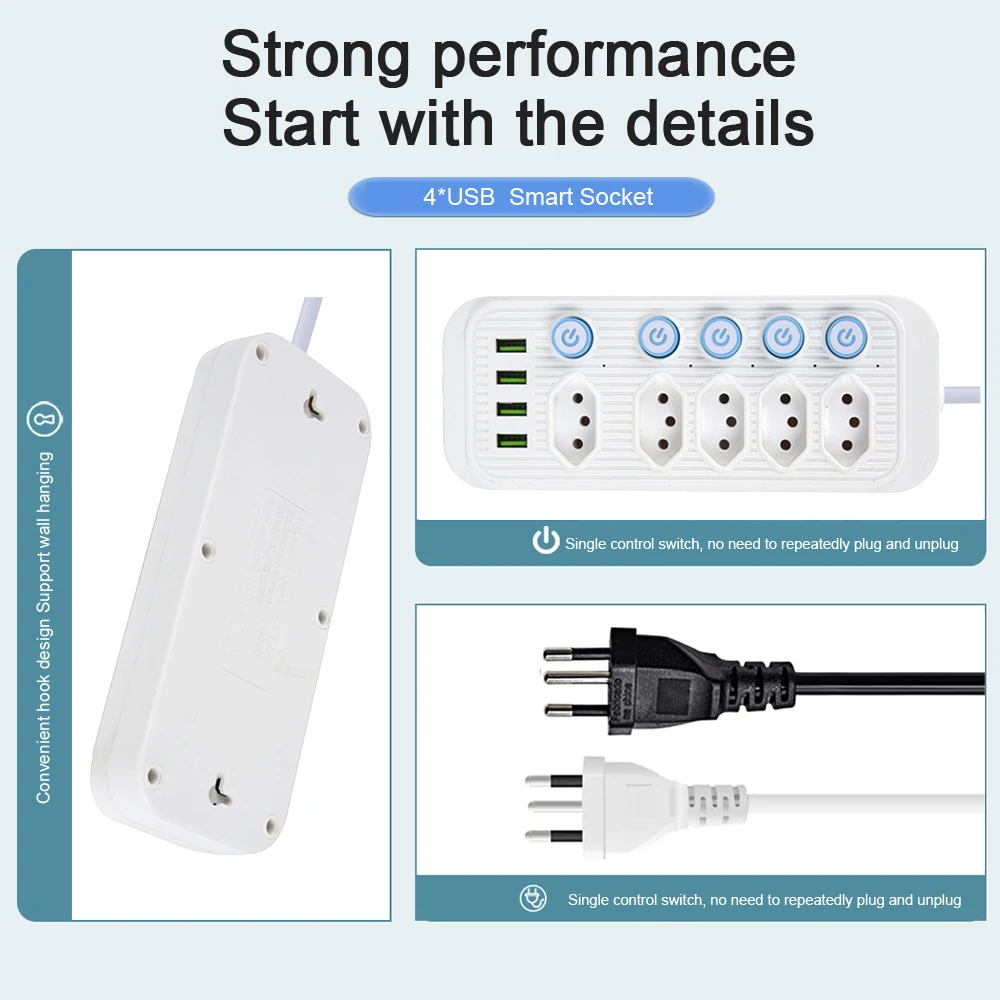 Brazil Plug AC Outlet Power Strip with 4 Usb Port 2M Extension Cord Separate Switch Line Network Filter Electrical Br Ch Adapter