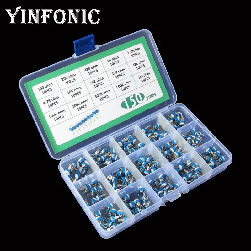 15 valores x 10pcs RM065 Horizontal Azul e branco conjunto de resistor ajustável caixa 100 ohm ~ 1M ohm
