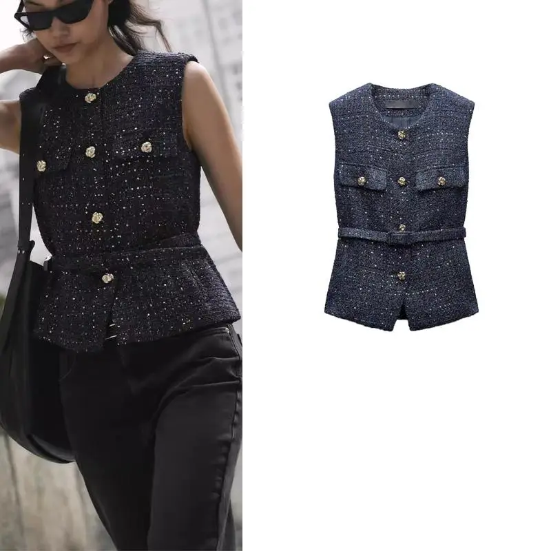 

Faionable Slim Fit round Ne Svel Vest with Belt Bead Embelliment Texture New Autumn Winter Women's Jaet 9298725