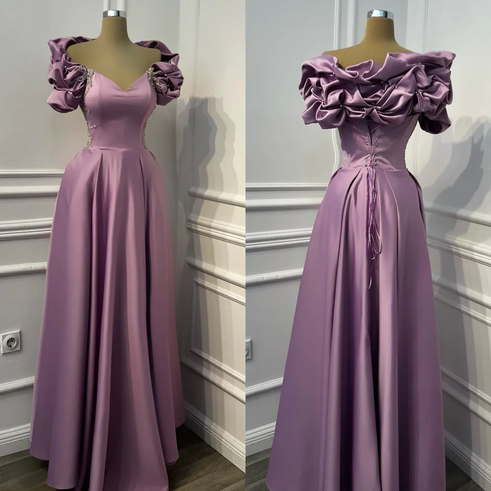 

Customized Prom Evening Jersey Flower Beading Draped Party A-line V-neck Bespoke Occasion Gown Long es Saudi Arabia