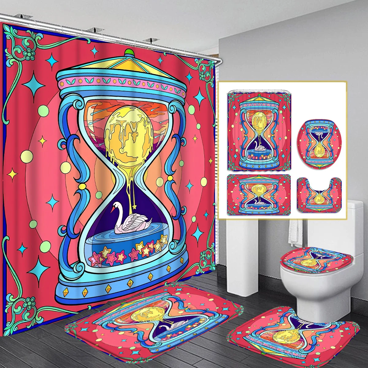 

4 Piece Bathroom Collection, Including a Shower Curtain, Absorbent Floor Mat, Non-Slip U-Shaped Rug, And Toile