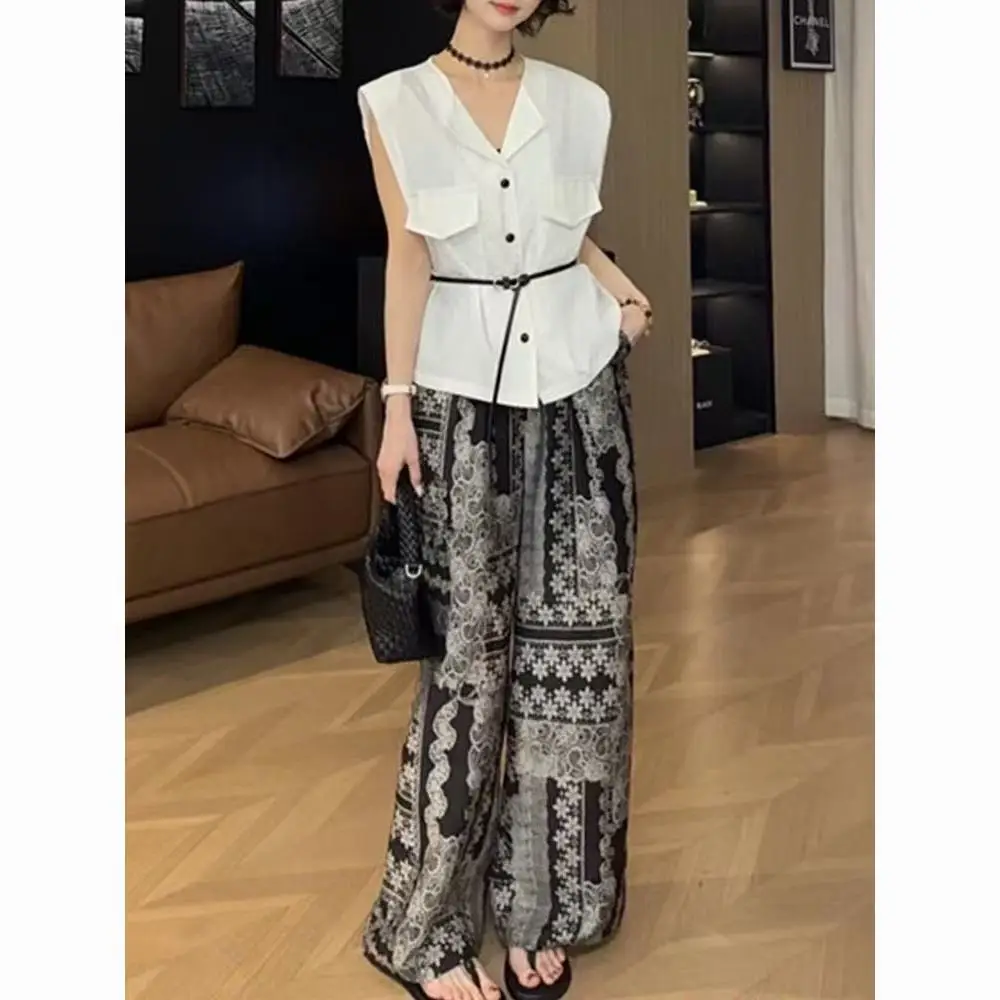 

Fashionable Women's Summer 2026 Slimming Loose Sleeveless Shirt And Wide Leg Pants Two-Piece Set Elegant Casual Sportswear