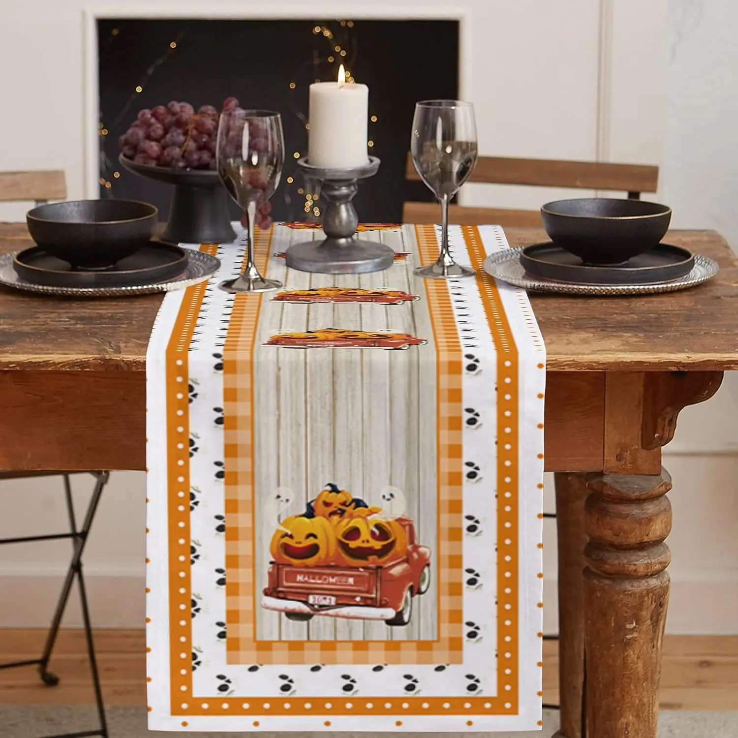 Halloween Truck Pumpkin Ghost Skull Polka Dot Linen Table Runners Dresser Scarf Autumn Holiday Party Kitchen Dining Table Decor