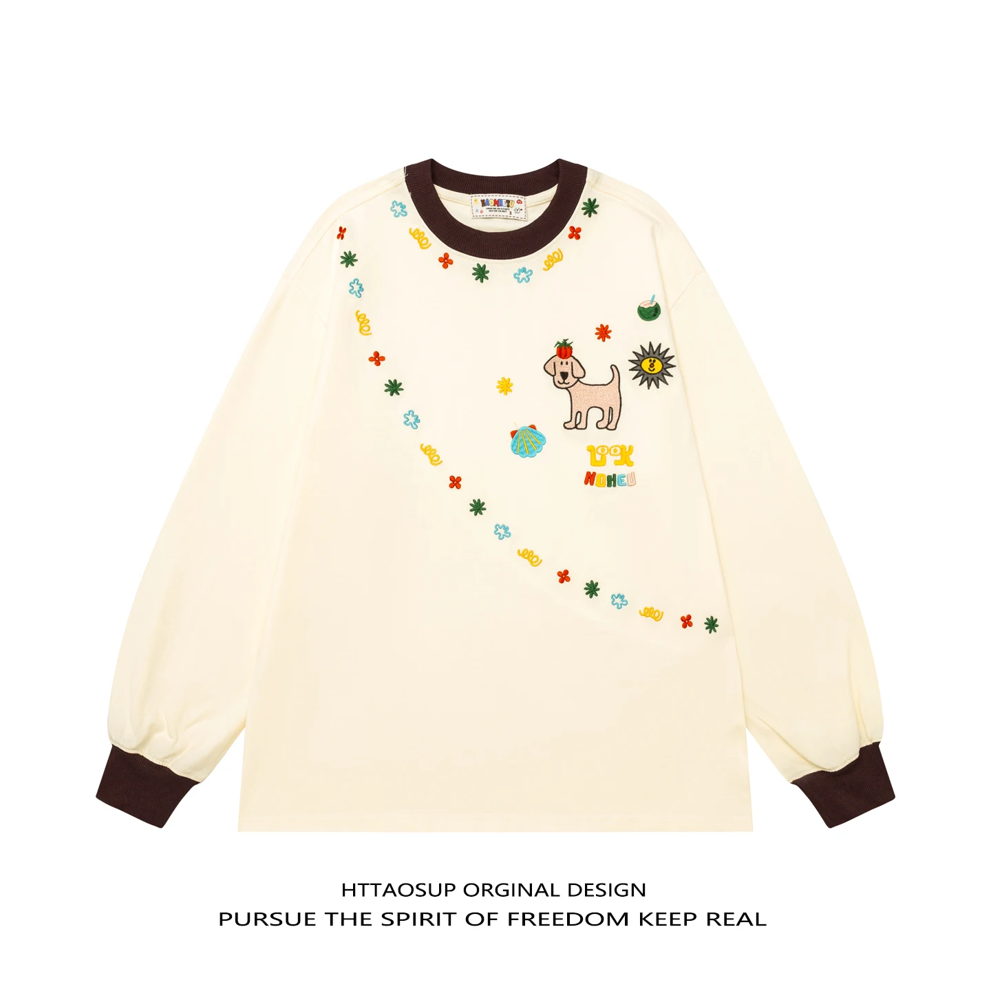 HTTAOSUP American Retro Embroidered Color Block round Neck Sweatshirt Loose Casual Long Sleeve Men's T-shirt Comfortable All-...
