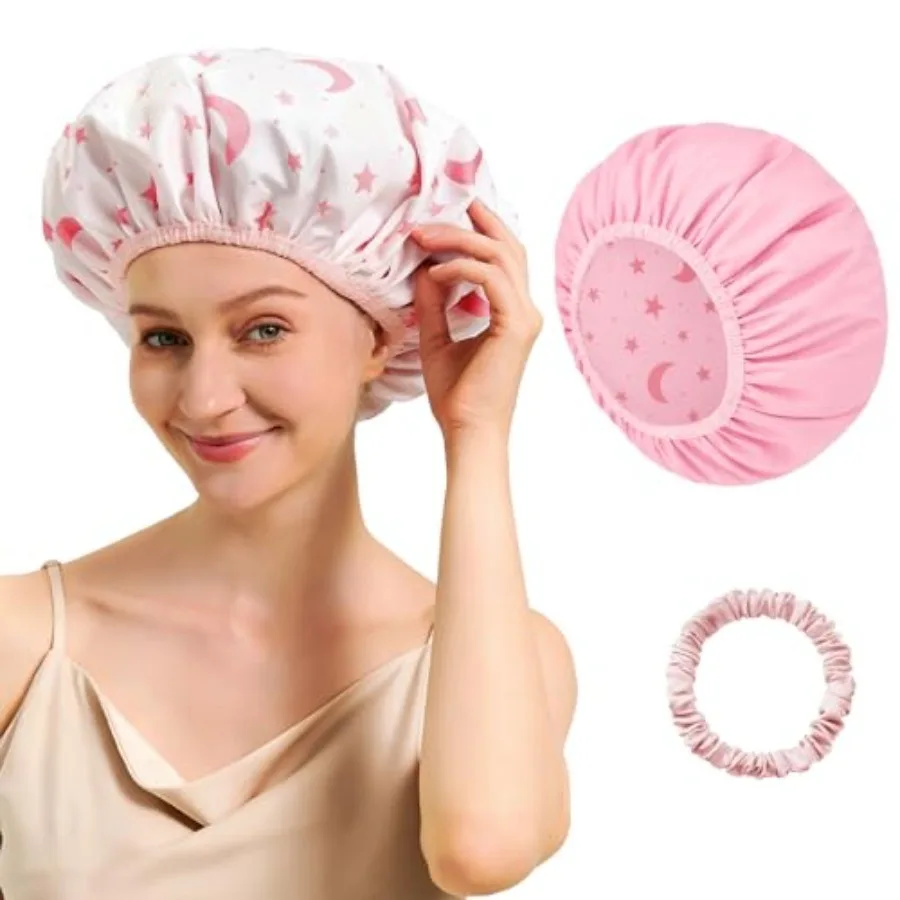 

Reversible Shower Cap for Women Waterproof Reusable, Double Layer Large Shower Cap with Elastic Band, Non-Slip Washable Bath Ha