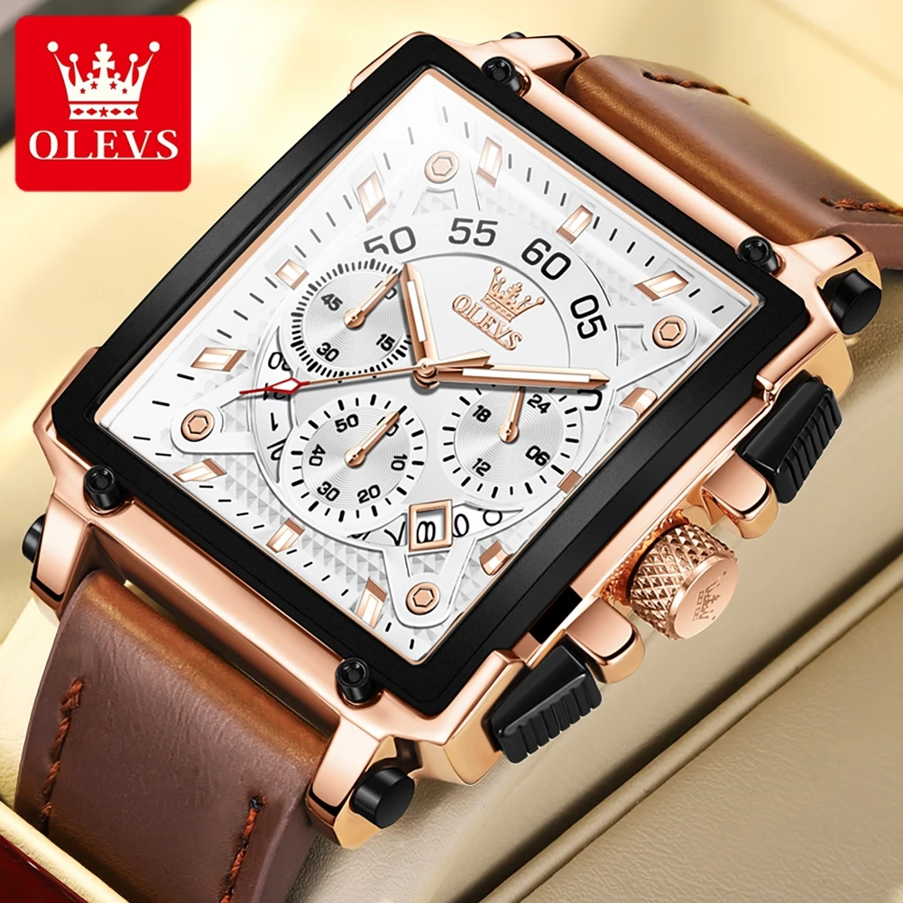 OLEVS Men's Wrist Watch Big Dial Square Quartz Watch for Men Leather Strap Waterproof Chronograph Sports Clock Relogio Masculino