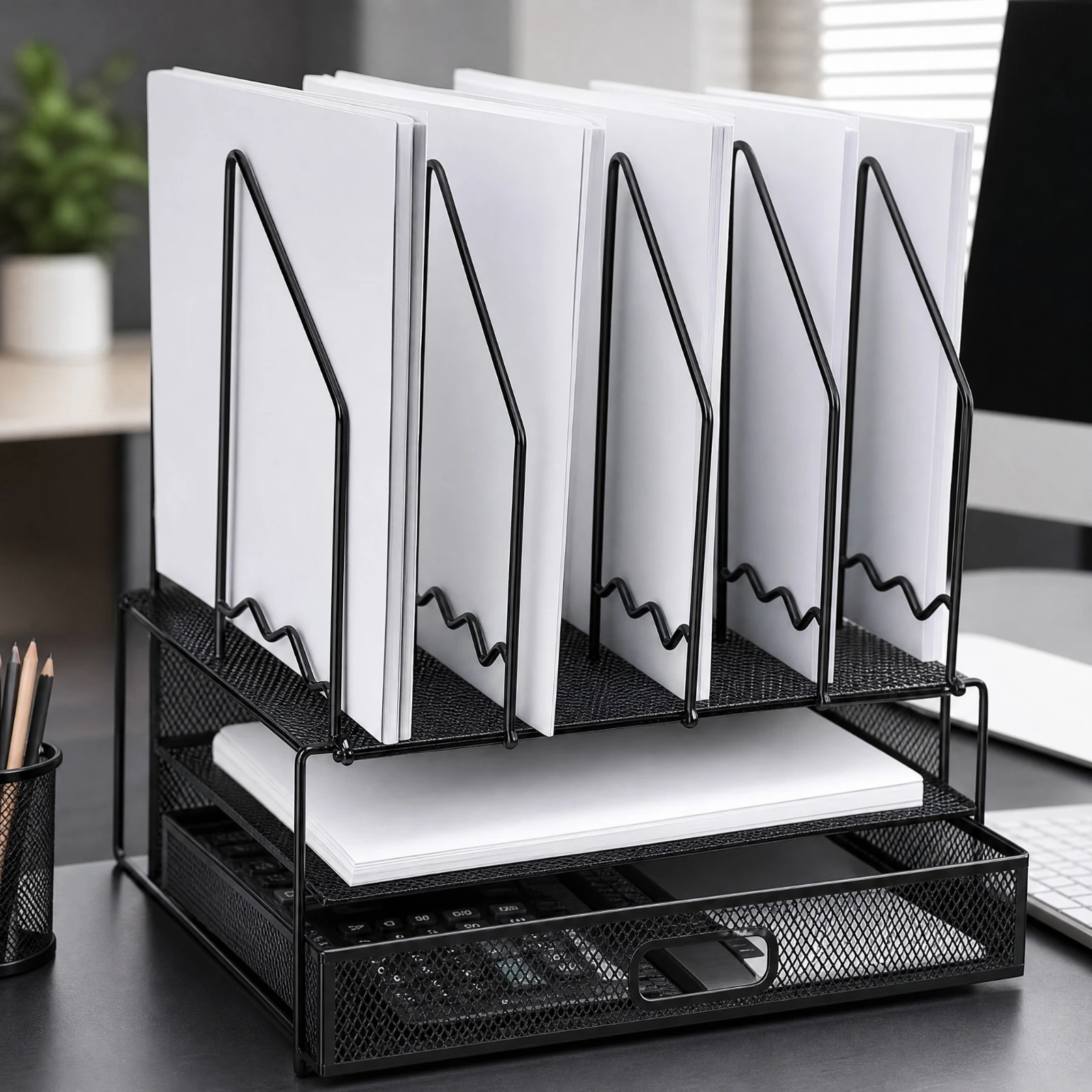 Desk File Organizer with Vertical Sections Sturdy Three-Tier Mesh File Organizer Slim Long-Lasting for Home Office, Study Area