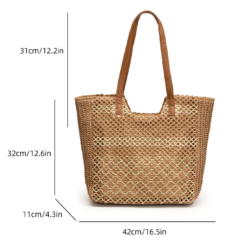 Summer Beach Vacation Grass Woven Bag for Women\'s 2024 New Commuter Shoulder Bag Hollow Woven Tote Bag