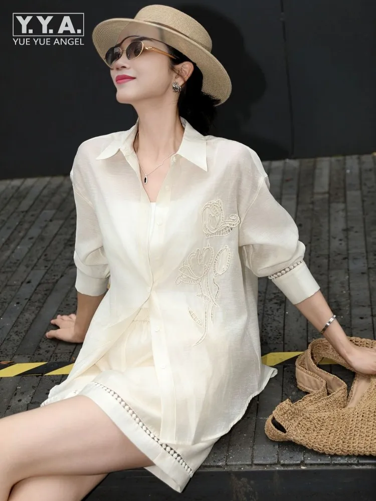 

Summer Women Long Sleeve Solid Embroidery Hollow Out Shirt High Waist Wide Leg Shorts Two Piece Set Casual Matching Set Outfit
