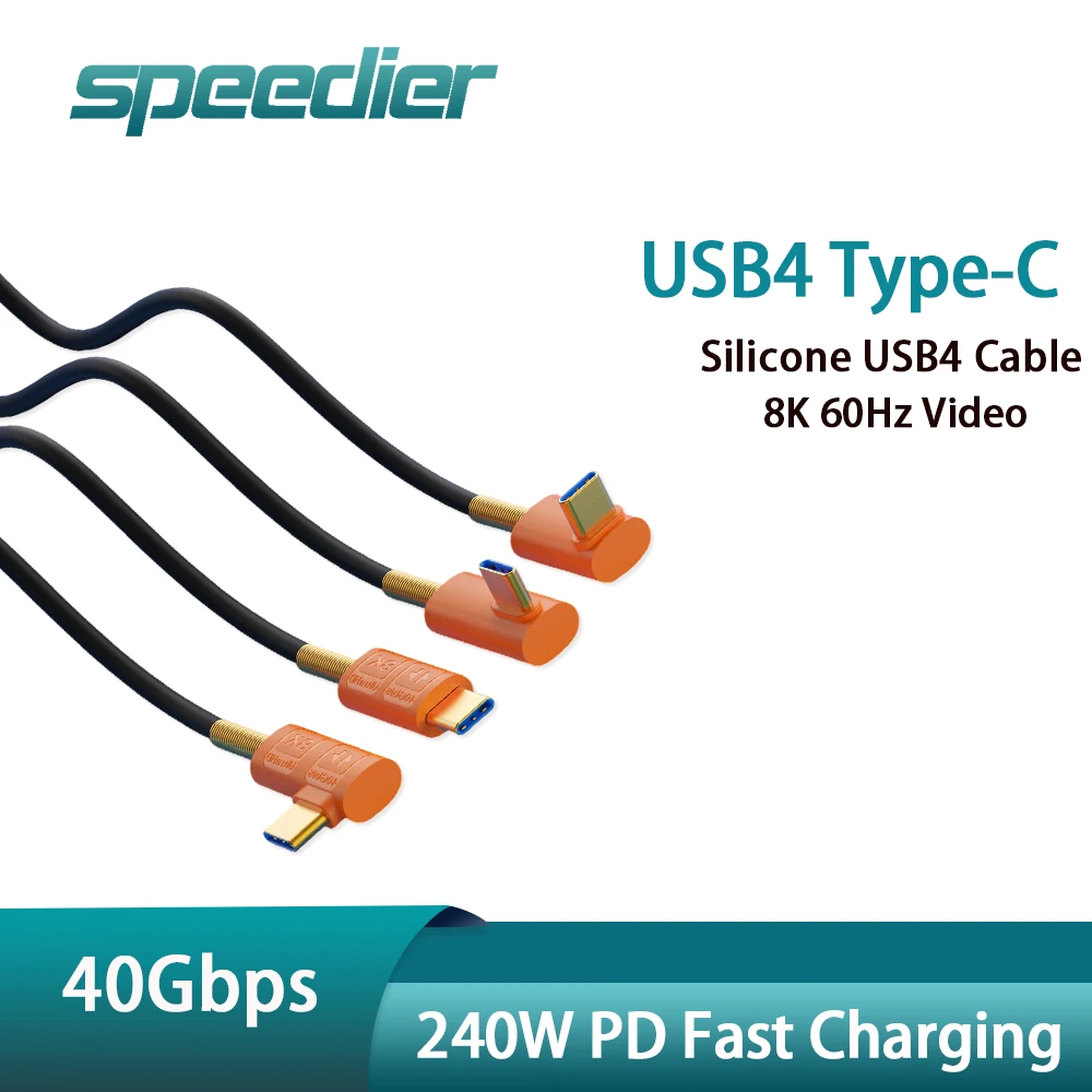 Silicone USB4 Cable 240W PD Fast Charging 40Gbps Thunderbolt 4 Compatible USB C to USB C 8K@60Hz Video Right Angle 90 Degree