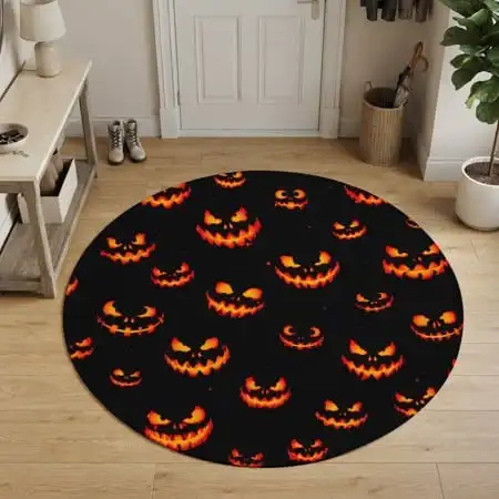 Round Festive Mat White Spiderweb Mandala Printed Circular Carpet Colorful Jack O Lantern Scattered Mini Ghosts for Armchair