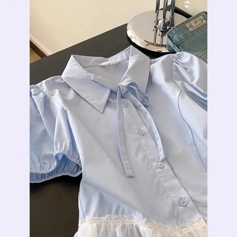 

Women's Light Blue Blouse with Bow Tie Collar Lace Hem ShirtYY25