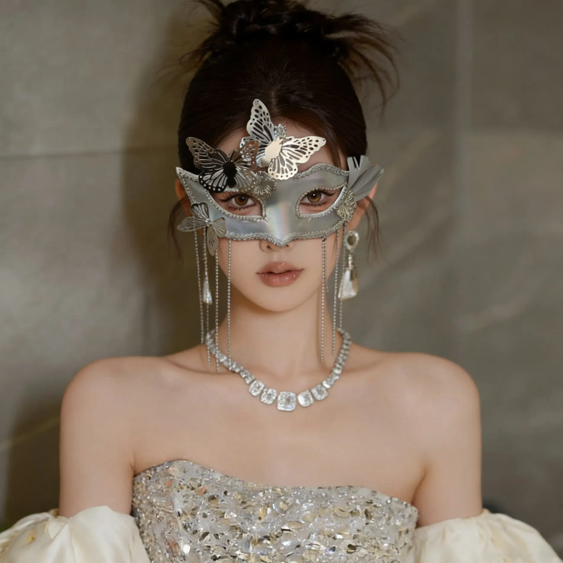 Silver three-dimensional feather butterfly metal electroplating texture veil mask COS performance accessories