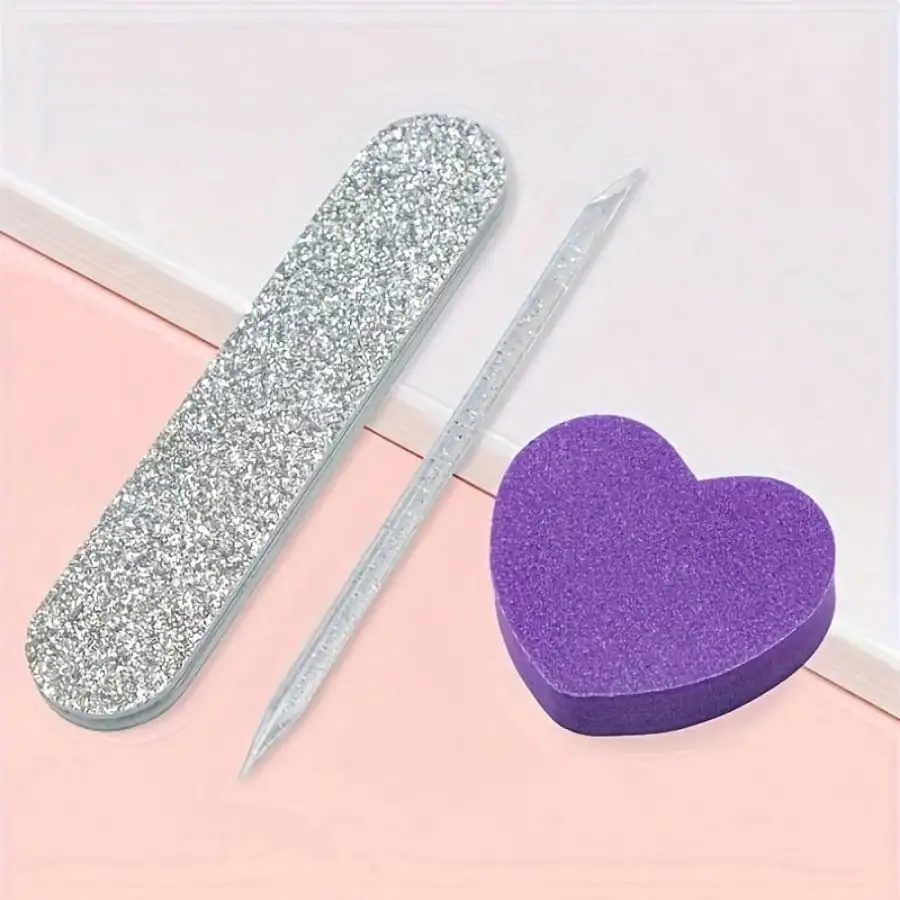 Kit de nail art 3 pièces – Brosse à points, tampon cœur et lime en bois pour manucure professionnelle