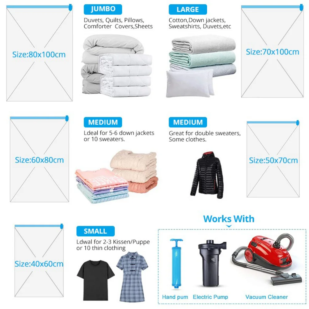 Pacote de Sacos de Armazenamento a Vácuo, Economizador de Espaço para Cama, Almofadas, Toalha, Roupas, Armazenamento de Viagem, Organizador do