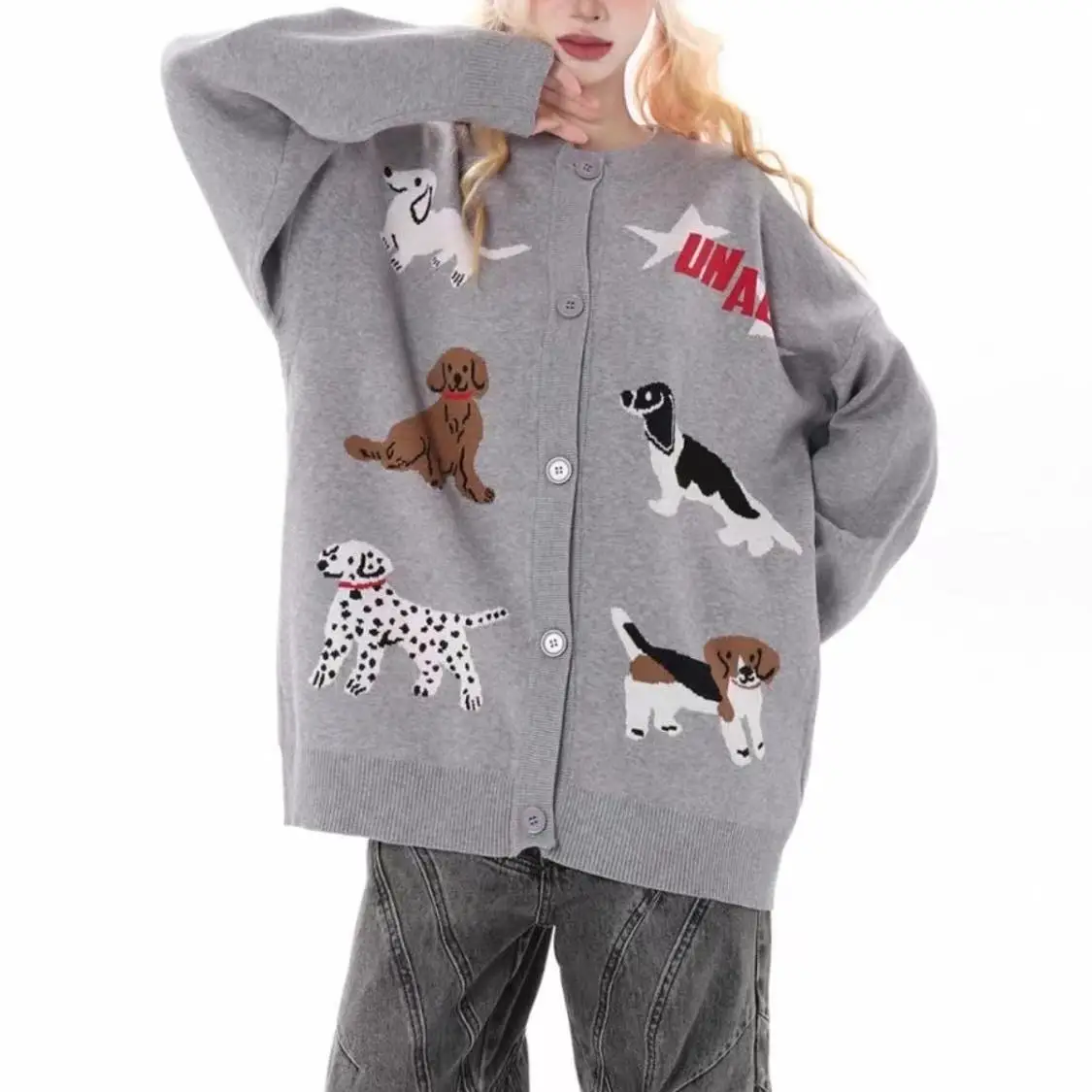 Gaganight Women Korean Edition Grey Cartoon Dog Sweater 2024 Spring Autumn New Lazy Style O neck Cute Knitted Coat Top Female