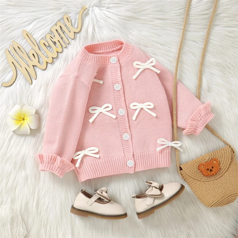 Tregren 6M-3Y Infant Baby Girl Bow Cardigan Crew Neck Long Sleeve Button Down Knit Sweater Winter Fall Spring Clothes Outerwear