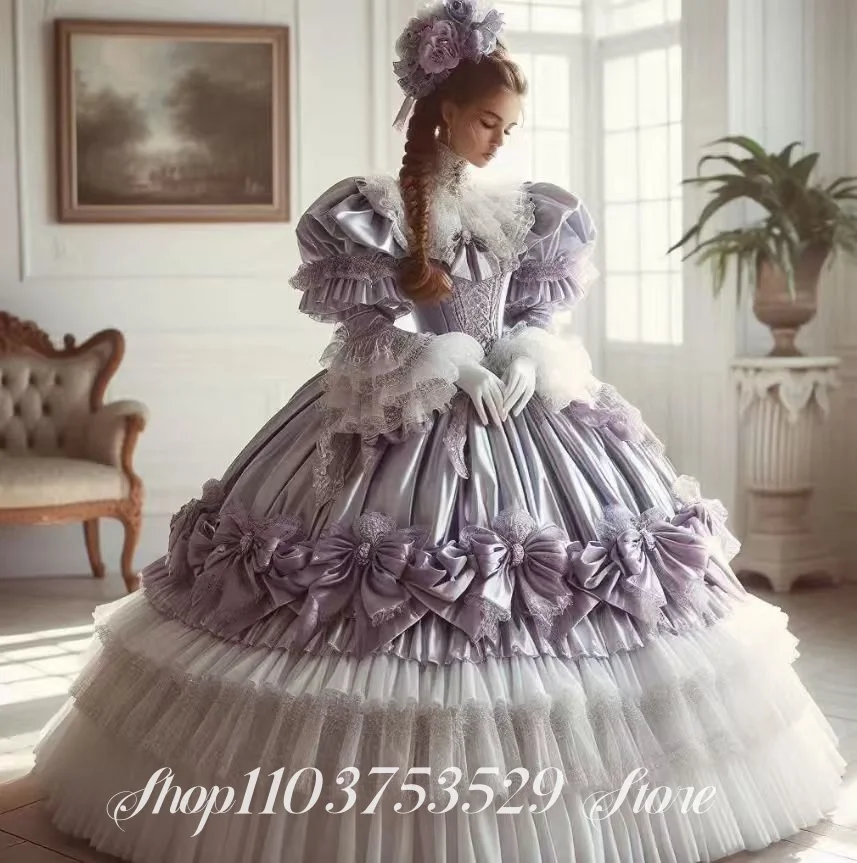 مخصص القرن الثامن عشر خمر الأرجواني فساتين السهرة الرائعة الفيكتوري القوس الدانتيل مشد كامل متجنب عصر النهضة الكرة ثوب #1