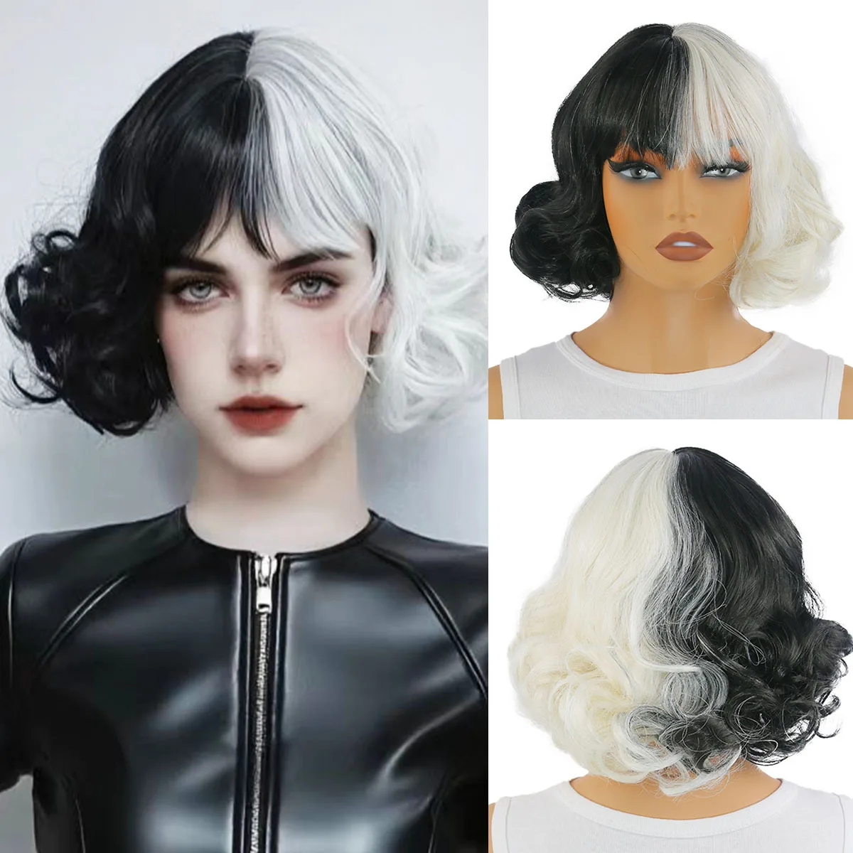 

Half Black White Wig with Bangs Women Girls Short Curly Wavy Wig 180 Density Synthetic Hair Wigs Halloween Cosplay Costume Party