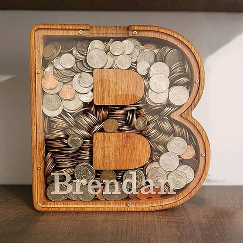 Boîte d'économie d'argent en bois, pot de vingt et six lettres, tirelire, boîte de rangement de pièces de monnaie, ornement de bureau, décoration de maison, artisanat, cadeau de noël