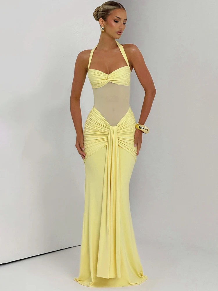 

2026 New Halter Backless Sexy Maxi Dress Women Fashion Patchwork Off-shoulder Sleeveless Ruched Draped Bodycon Club Party Dress