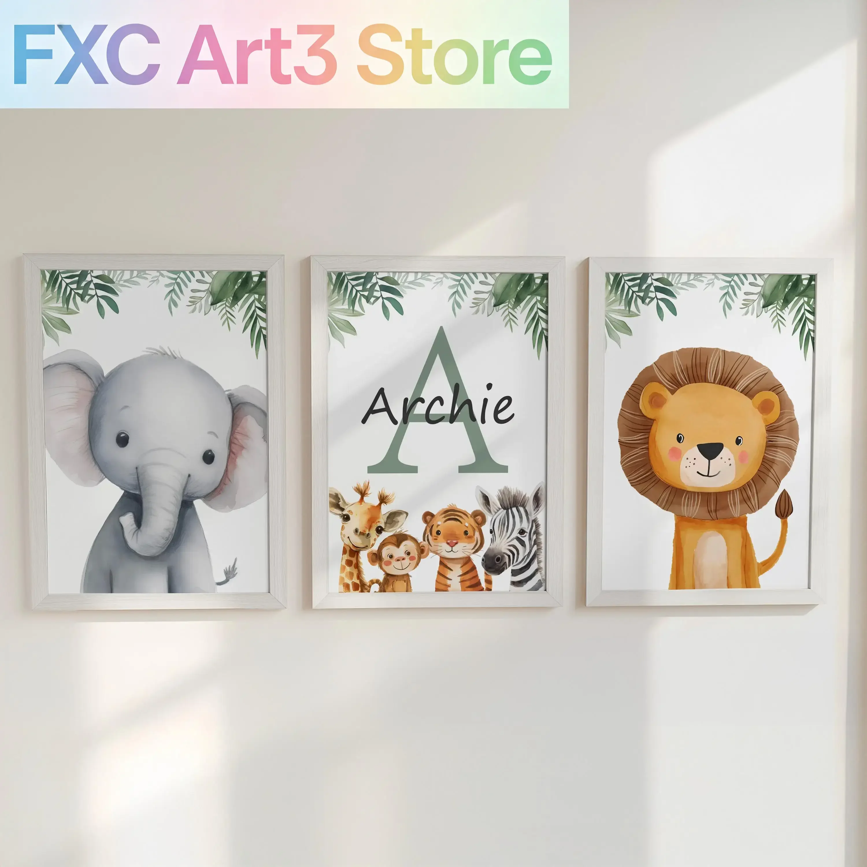 Lot de 3 impressions murales personnalisées sans cadre pour chambre d'enfant sur le thème du safari, art personnalisé avec nom pour enfants, décoration de chambre de garçon, affiches d'animaux pour chambre de fille, cadeau